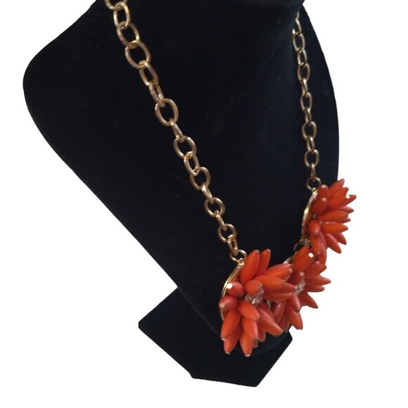 Statement 3D Orange Beaded Flower Rhinestone Gold Tone Chunky Chain Necklace J33 - Picture 3 of 5